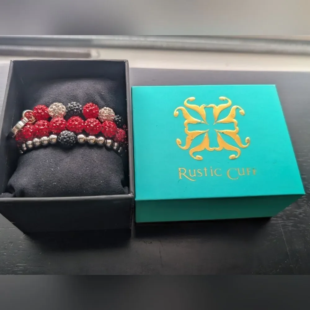 Rustic Cuff Red, Black, and Silver Beaded Bracelets Set Lot Of 3